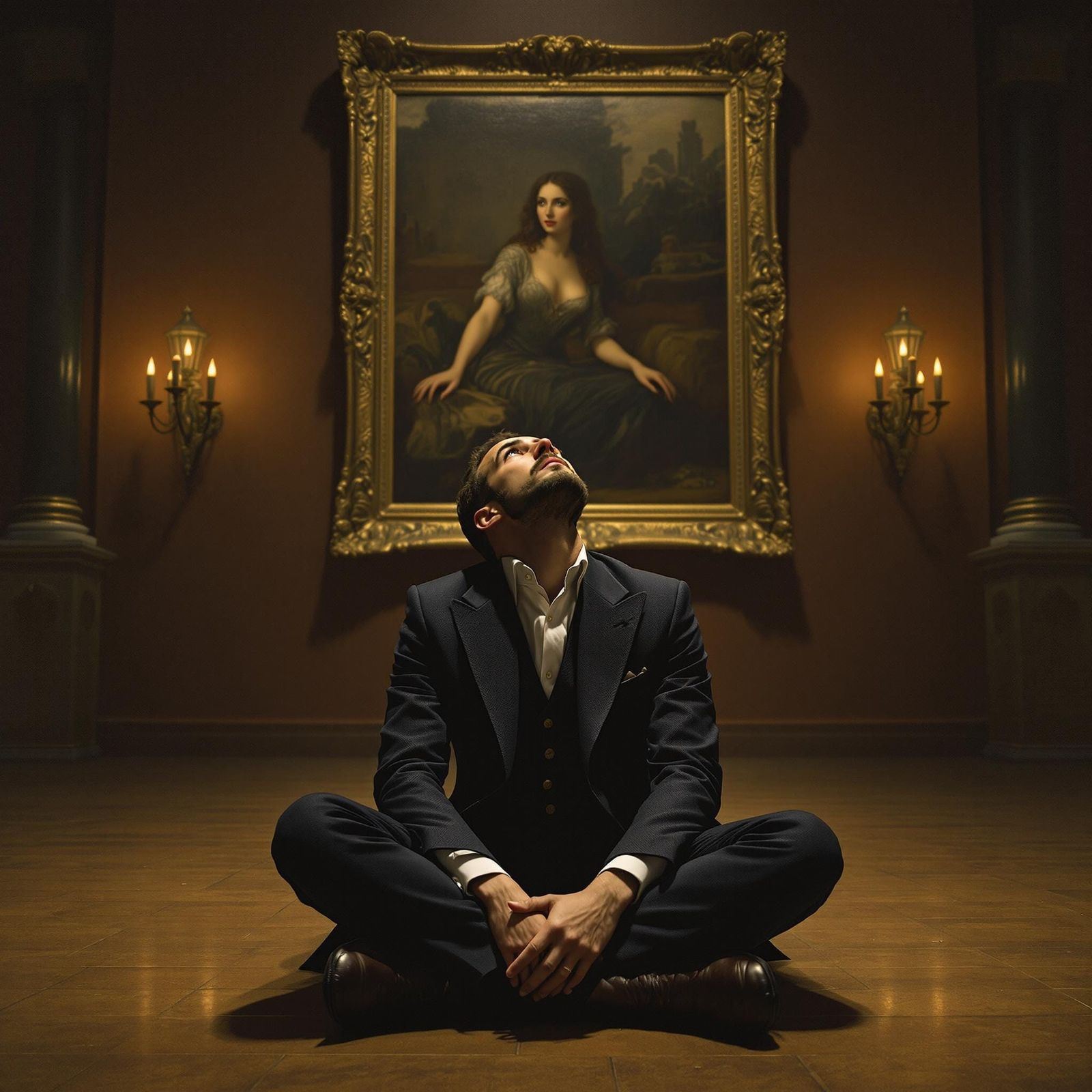 Contemplative Gentleman in Gallery, Soft Lighting