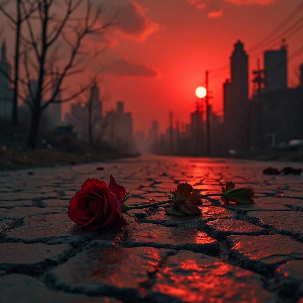 Post-Apocalyptic Cityscape with Rose at Sunset