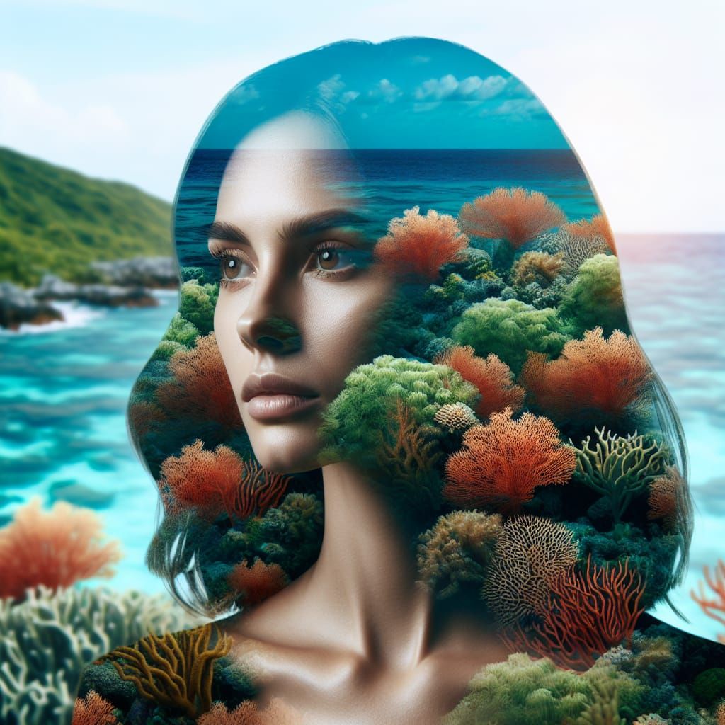 Double Exposure: Coral Reef and Woman's Face