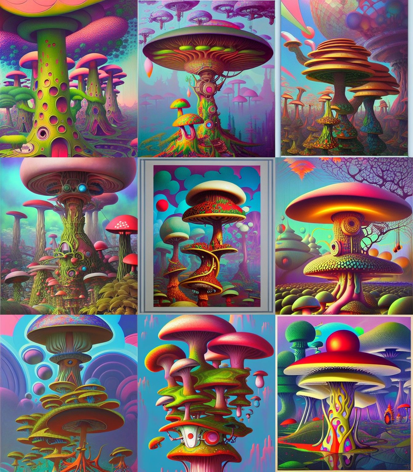 Pop Art Futurism , Mushroom treehouse atop an enormous Psychedelic hyper-detailed matte painting by Peter Mohrbacher, Pa...