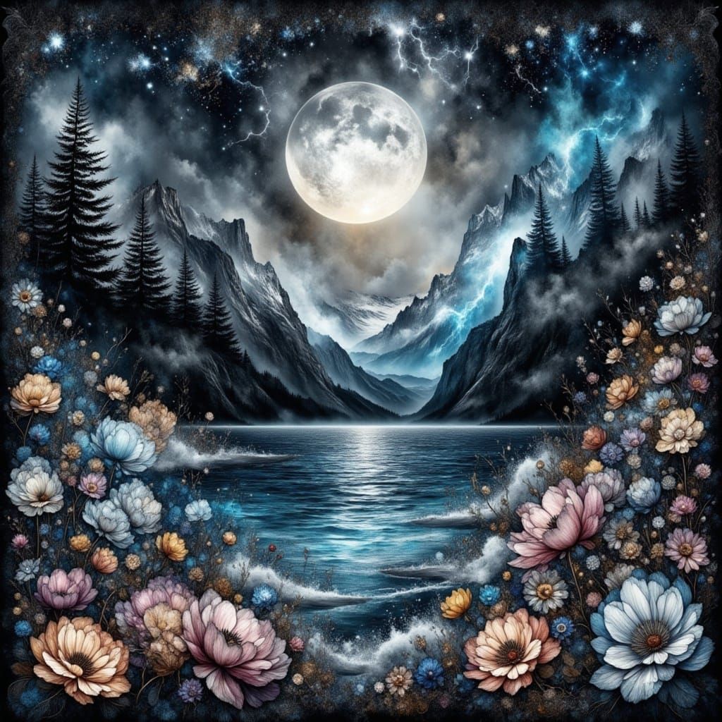 Black Sea Landscape Under Black Moon with Blue Lightning