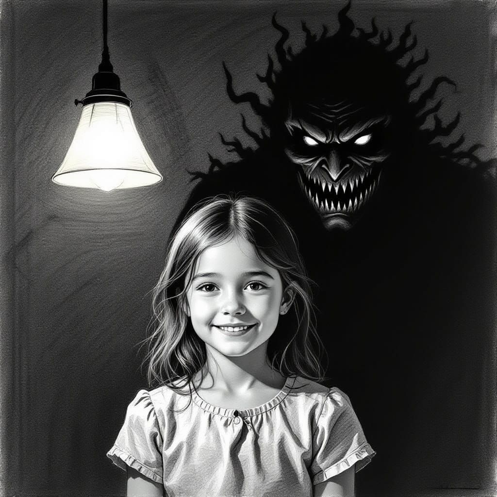 Wise Smiling Girl with Dark Reflection in Pencil Drawing