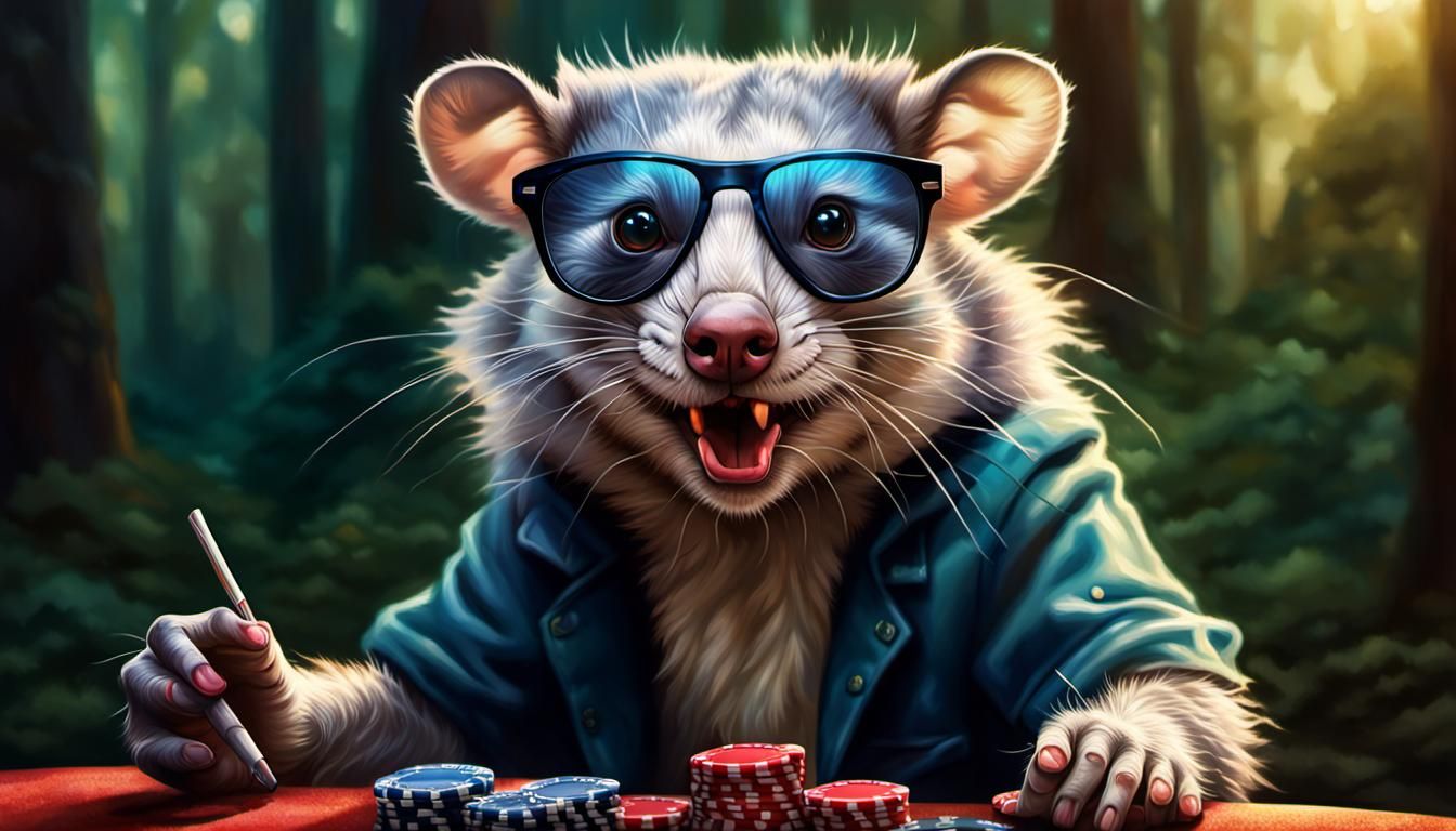 Opossum Playing Poker in Forest: Hyperrealistic Splash Art