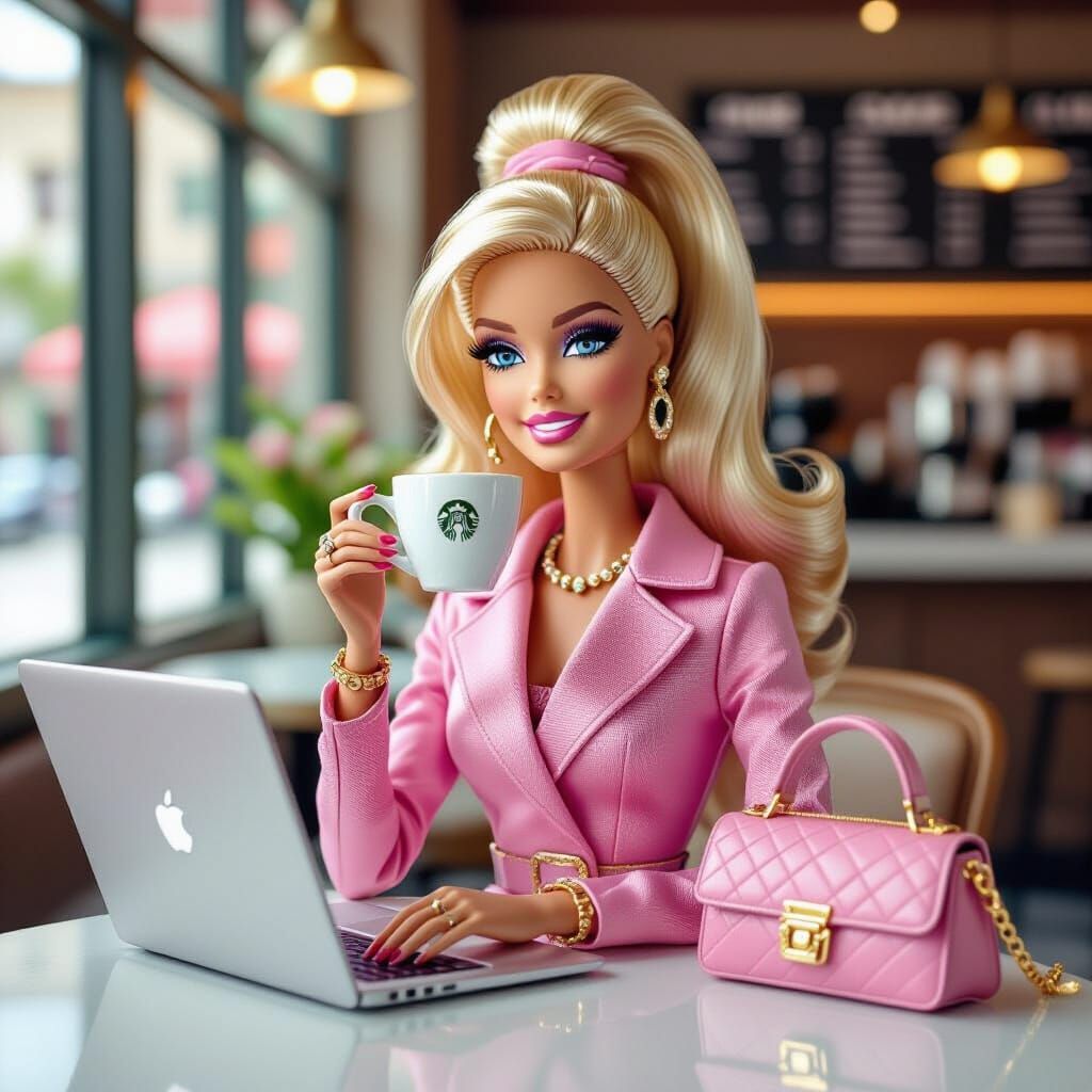 Barbie at Starbucks in Retro Glamour Style