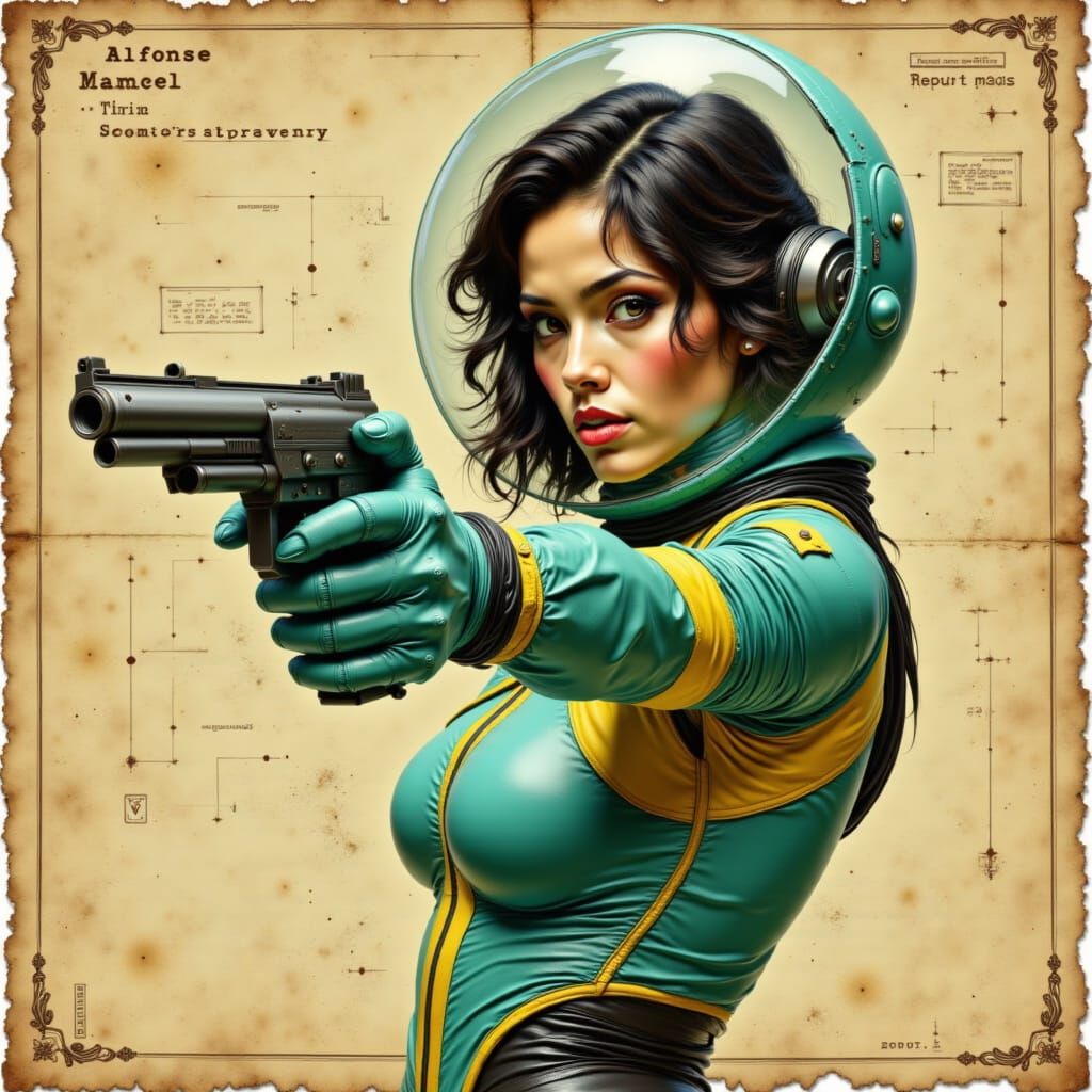 Retro-Futuristic Woman in Space Suit with Handgun