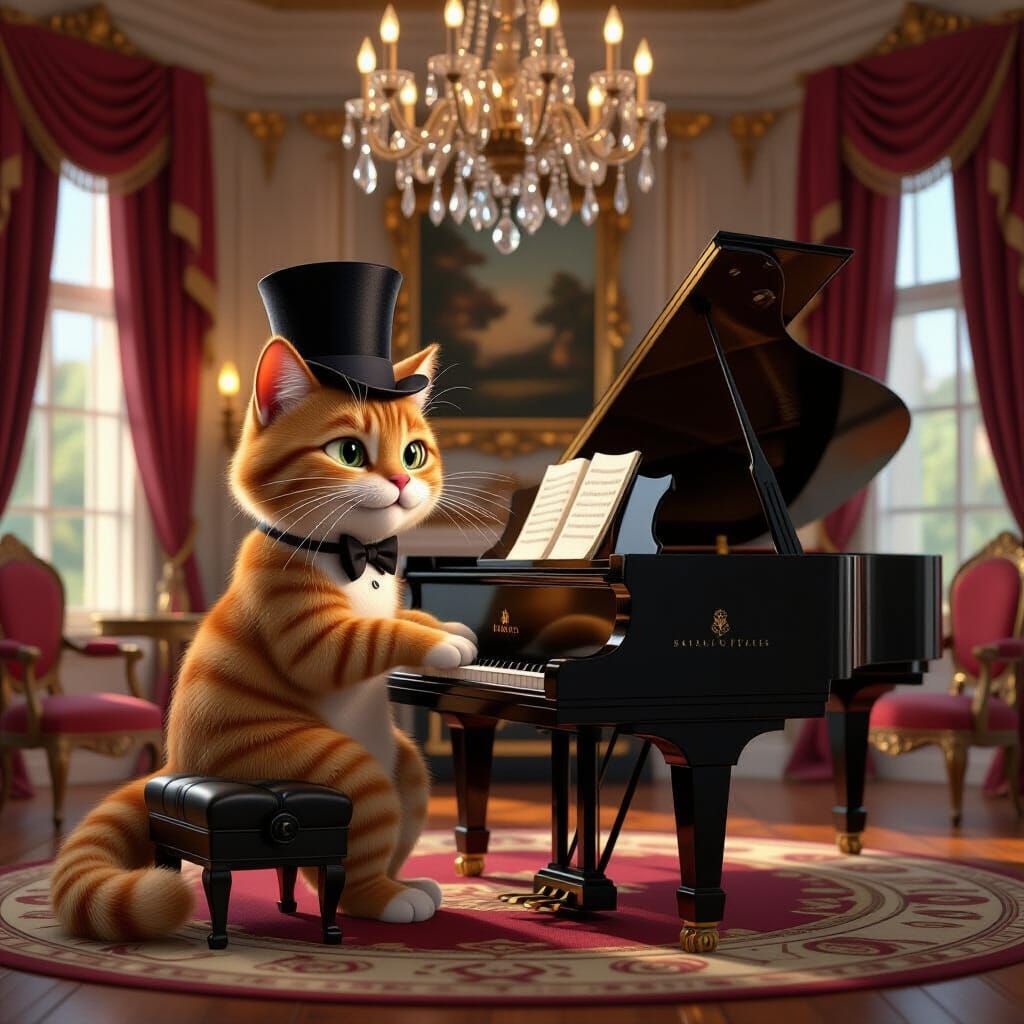 Ginger Cat Plays Piano in Cartoon Style