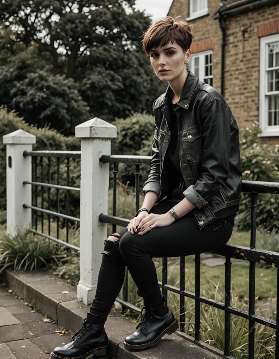 "French actress with mod pixie cut and bold fringe, posed on...
