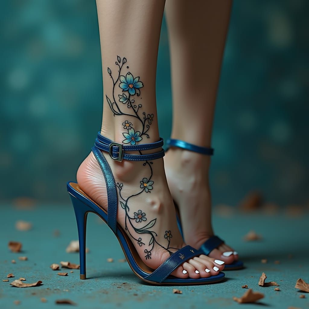 Feet in Stilettos with Floral Tattoo, Hyperreal Art