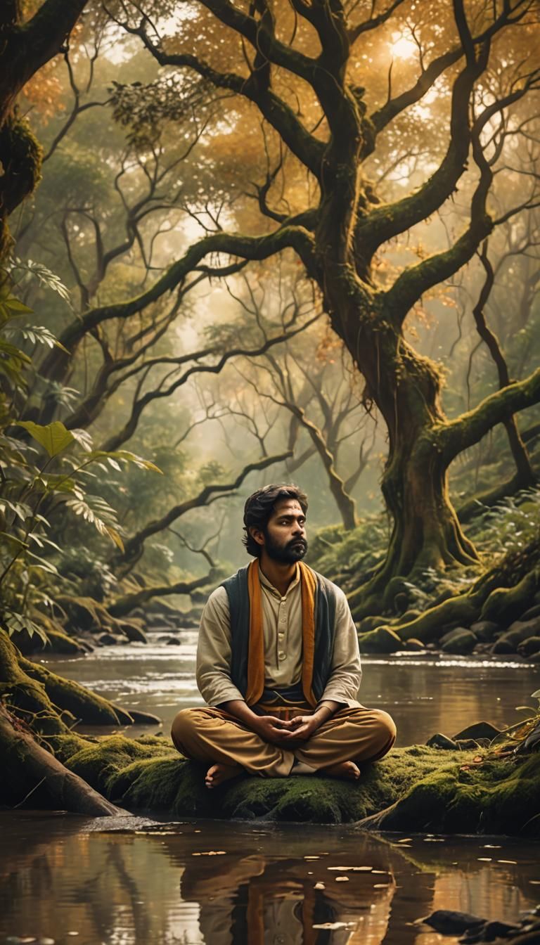 Mystical Sage Meditates in Ancient Forest Landscape