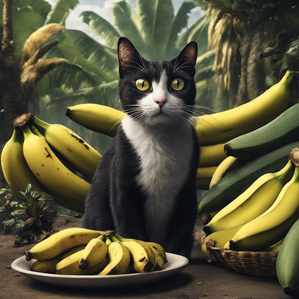 Cat with Crazy Eyes Eats Canary Island Bananas