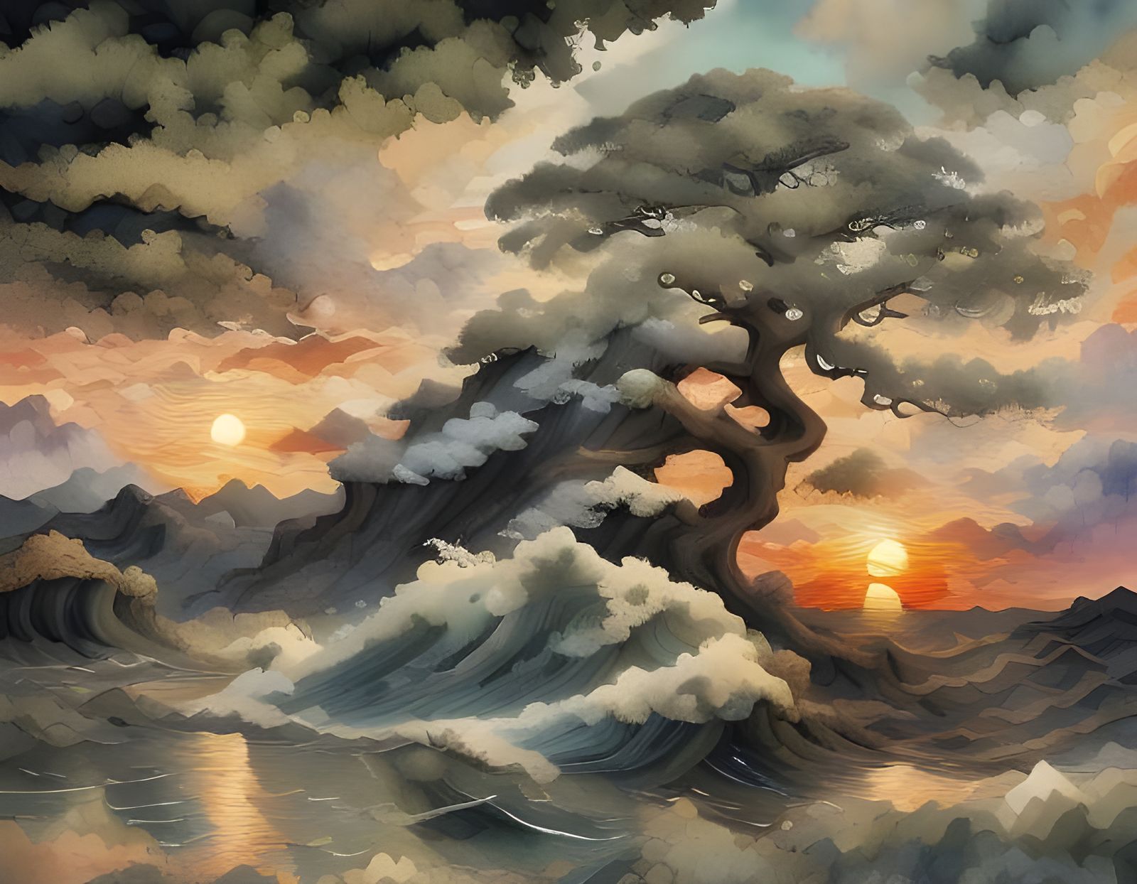 Dramatic Sunset Scene with Swirling Water and Clouds