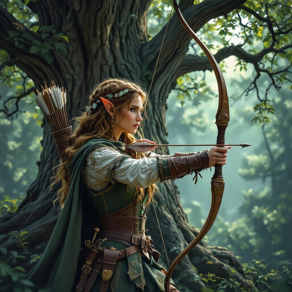 Hyperrealistic Elf Hunter with White Bow in Dark Fantasy Sty...
