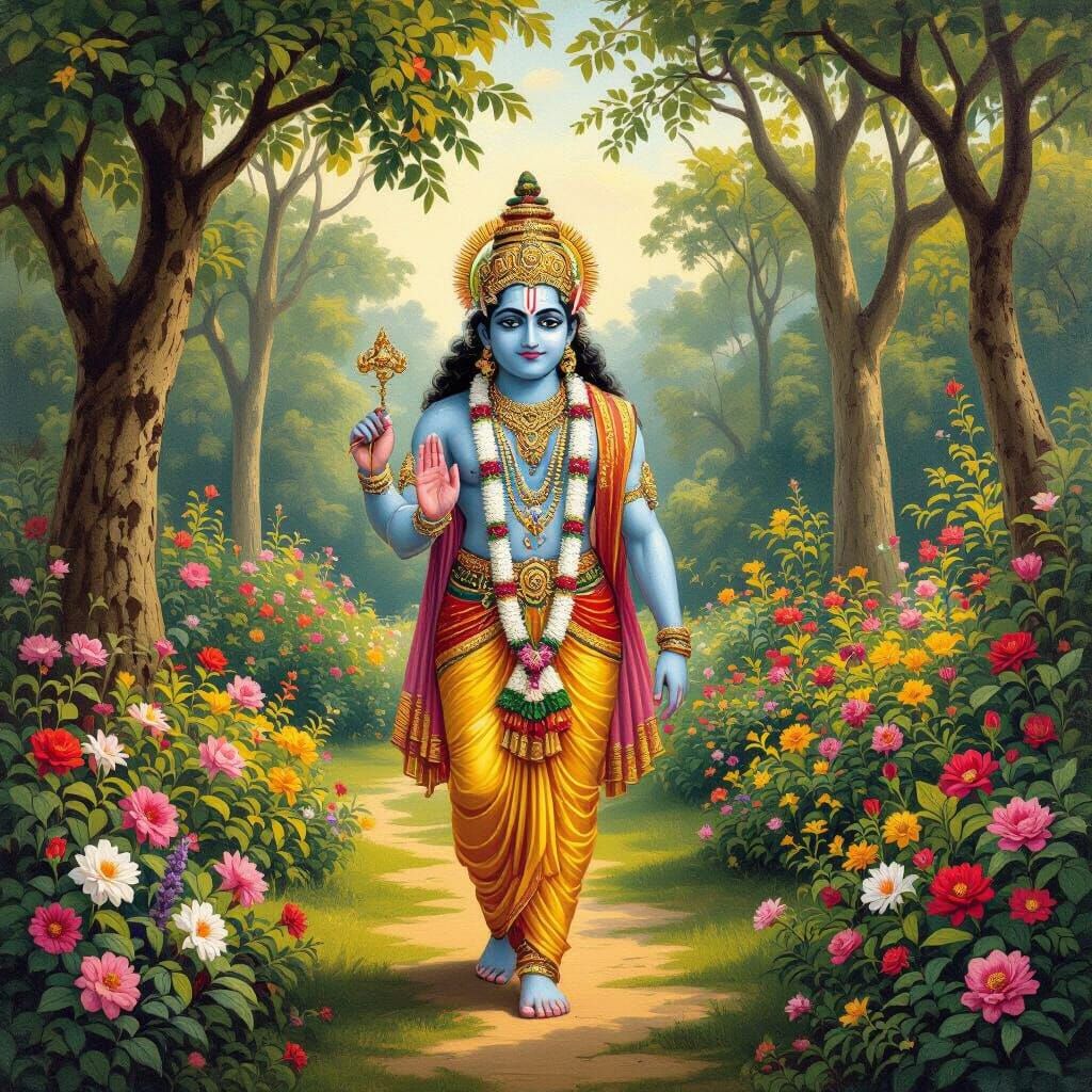 Lord Narasimha Walking in a Lush Garden as Classical Indian ...