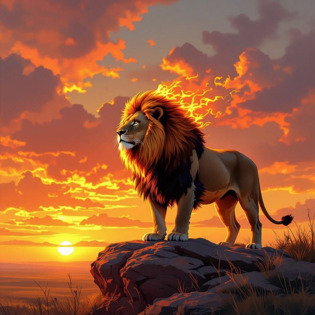 Lion with Flaming Mane Overlooking Savanna