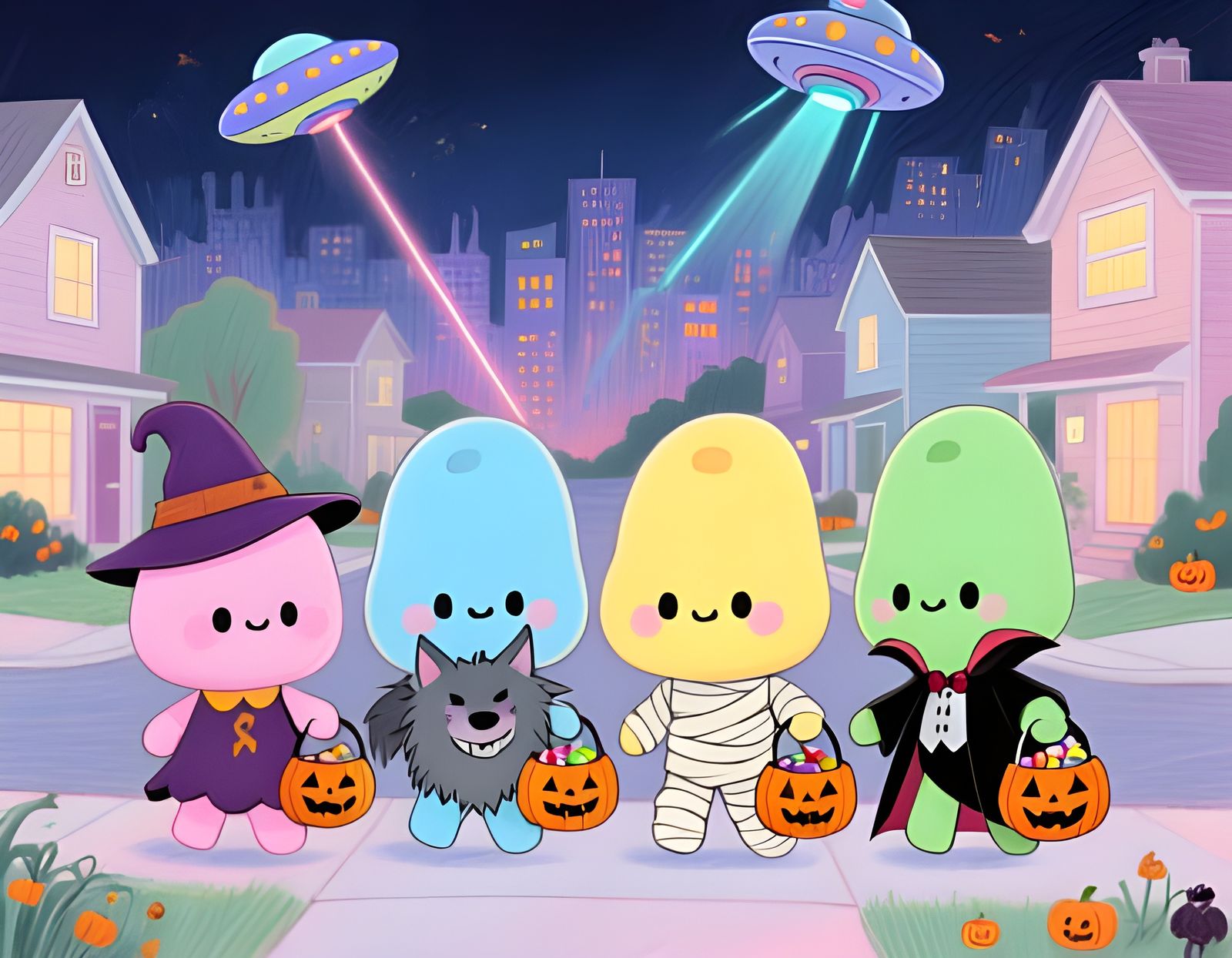 Kawaii Chibi Aliens Trick-or-Treating in Pastel Halloween St...