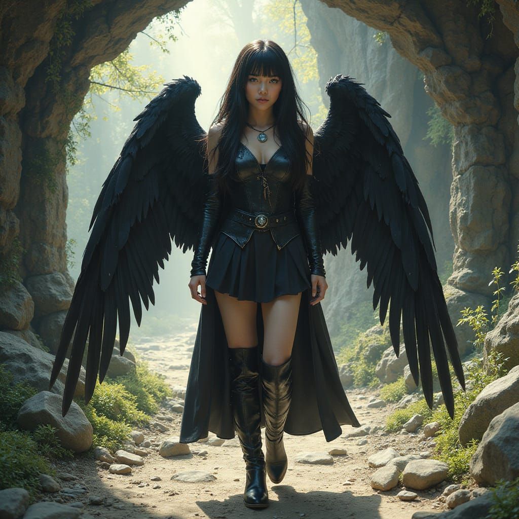 Dark Angel Nyx journeying through a cave