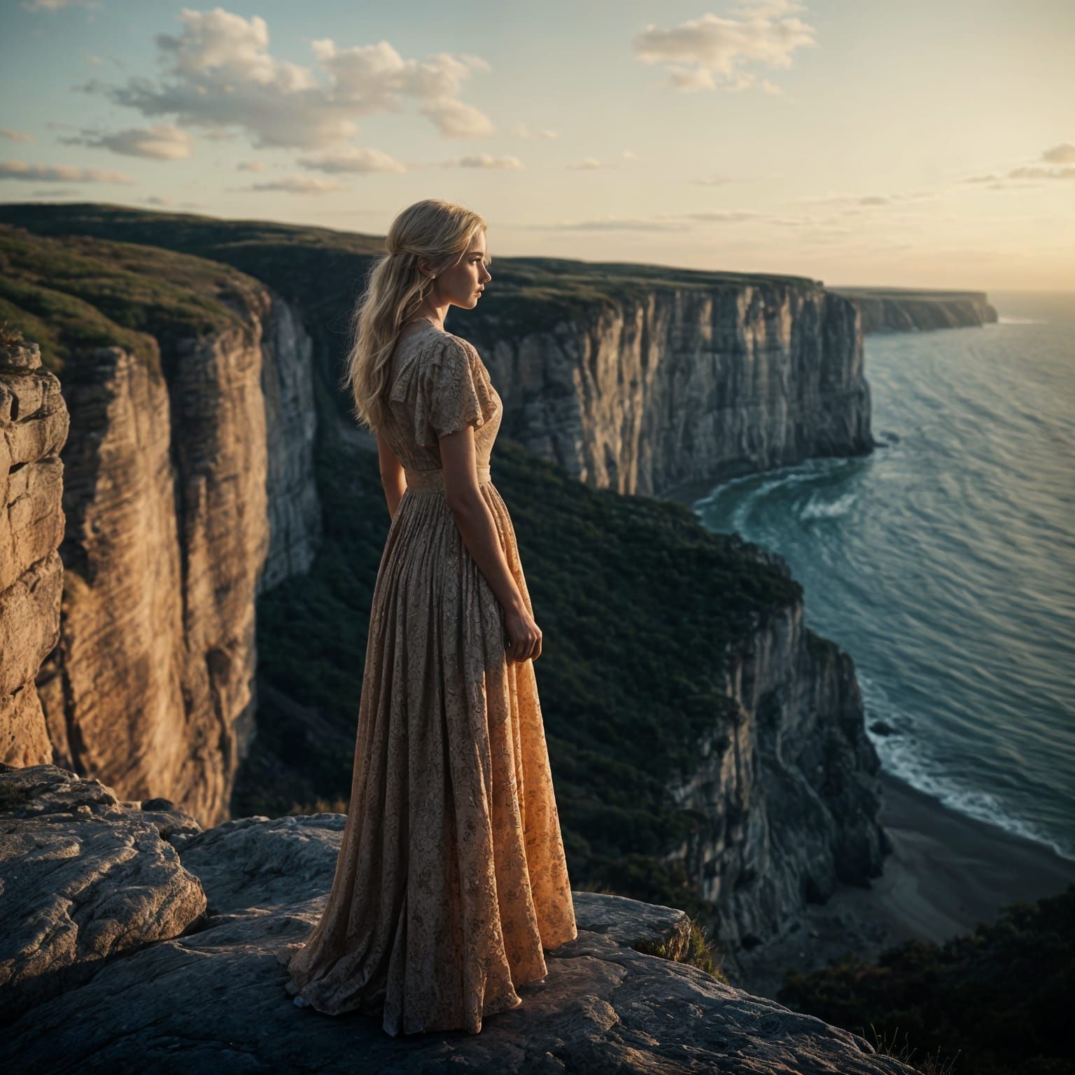 Blond Girl in Dress on Cliff Edge at Golden Hour