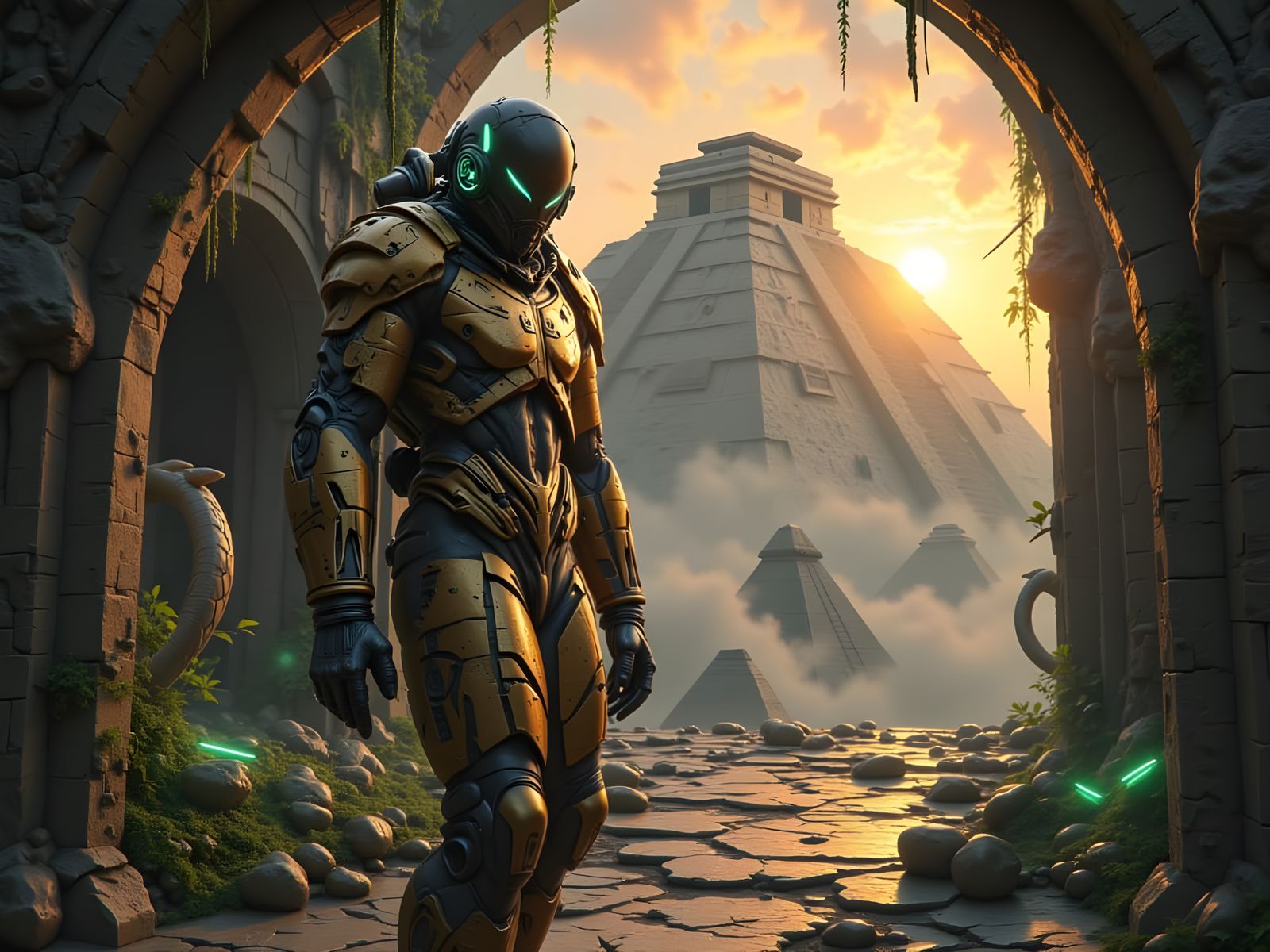 an ancient astronaut exploring a forgotten Mayan pyramid com...