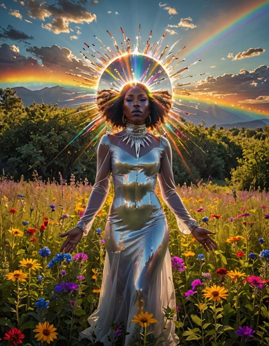 Rainbow Aura: Woman with Glass Horns in Wildflower Field