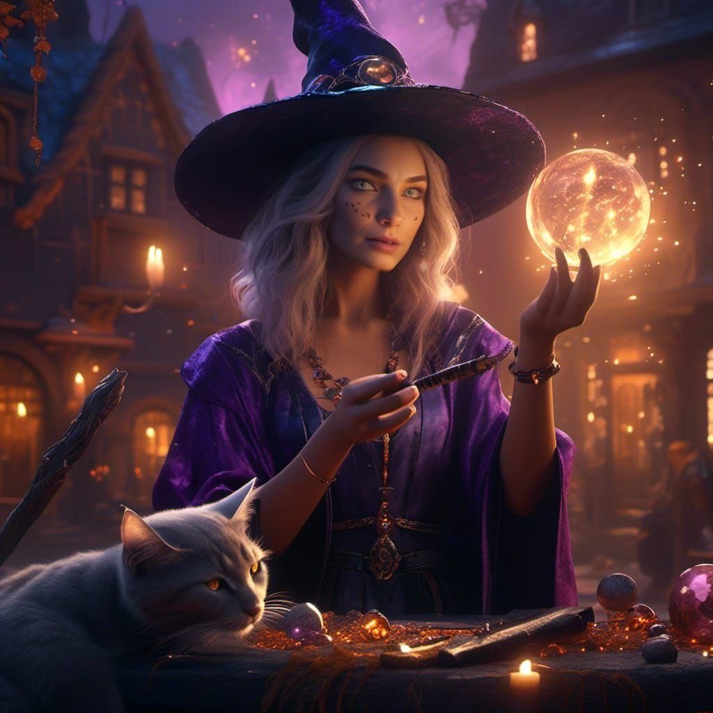 Animated Witch Casting Spell with Cat Familiar