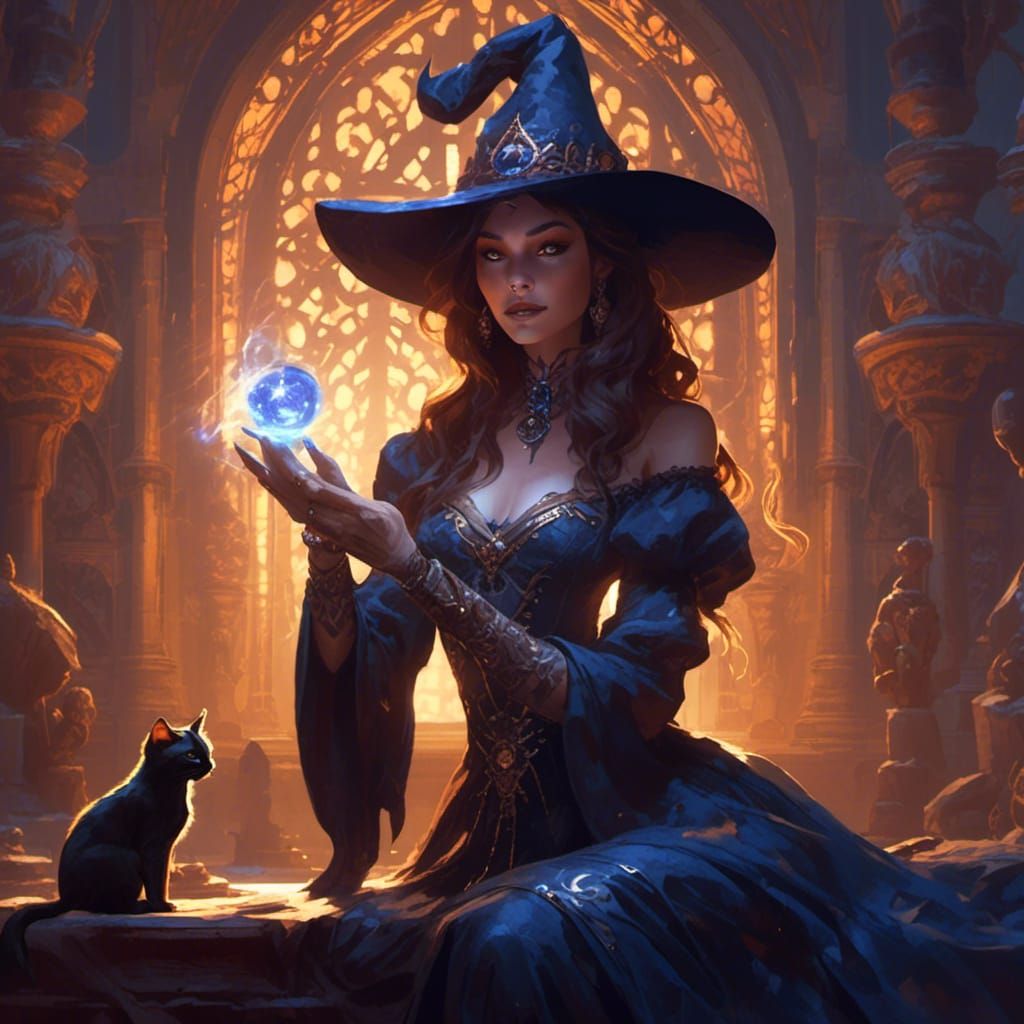 Fantasy Witch Casting Spell with Cat Familiar