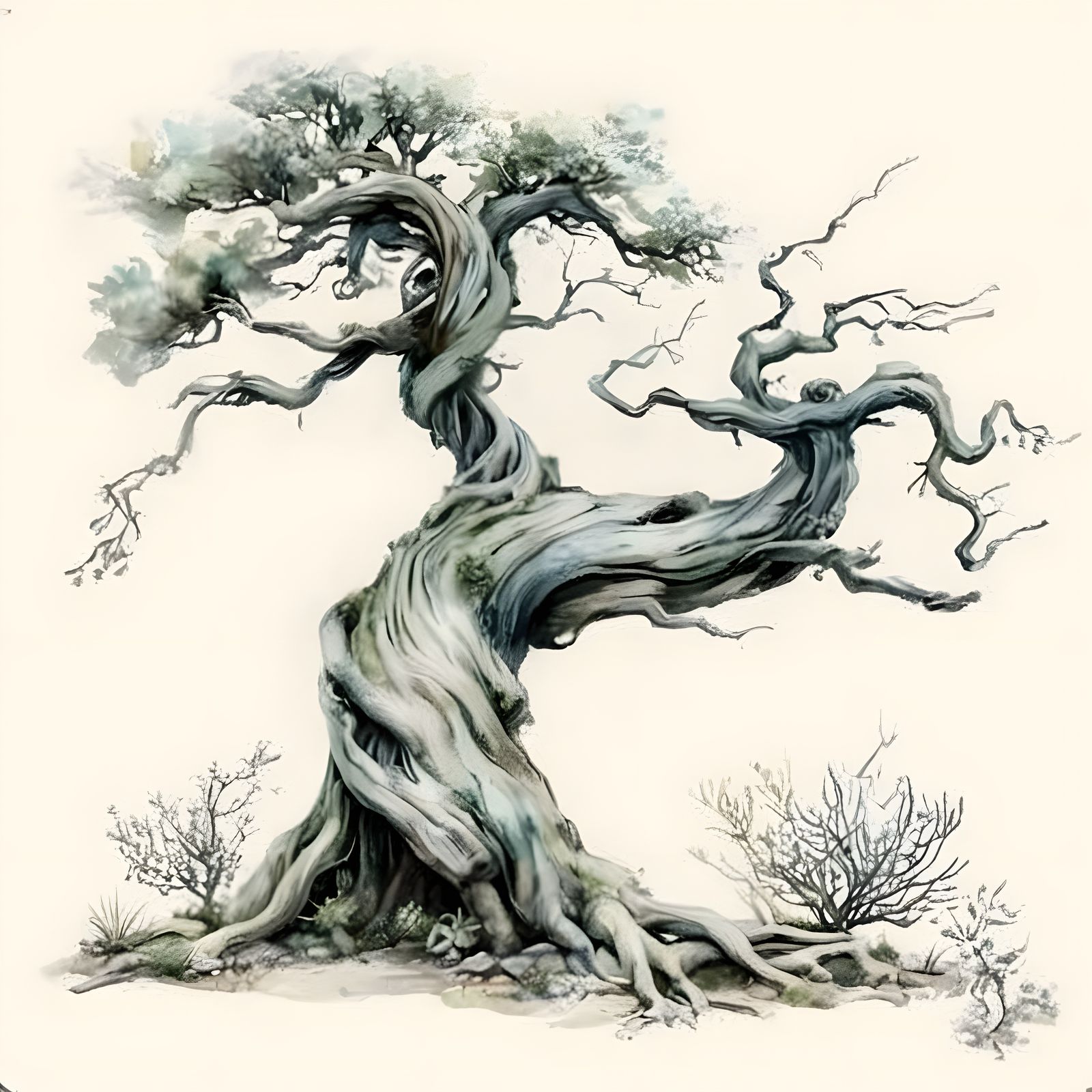 Stylized Tree with Winding Trunk and Green Leaves