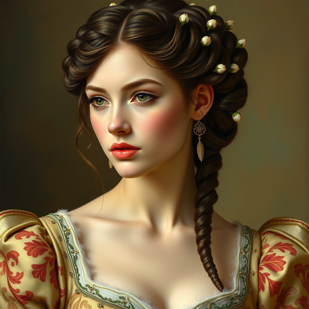 Elegant Woman in Embroidered Gown, Pre-Raphaelite Style