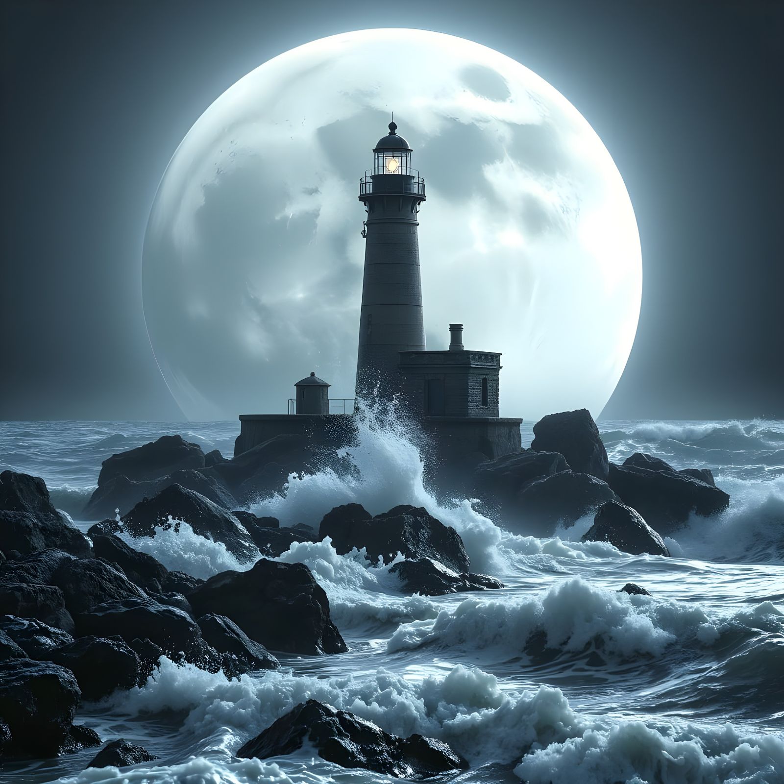 Luminous Moon Ascends Behind Weathered Lighthouse