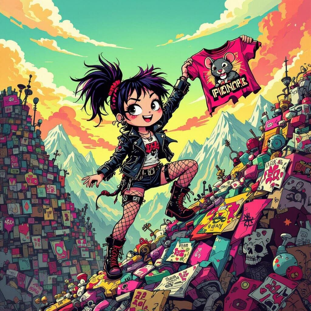 Punk Chibi Girl Climbs Mountain of Trash in Pop Art Style