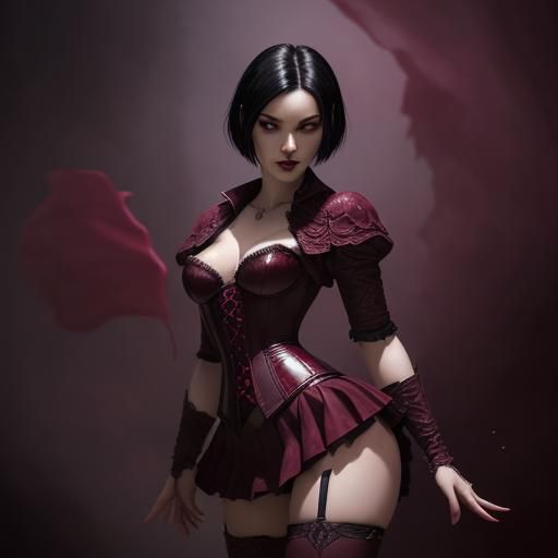 Burgundy Vampire in Corset, Hyperrealistic Concept Art