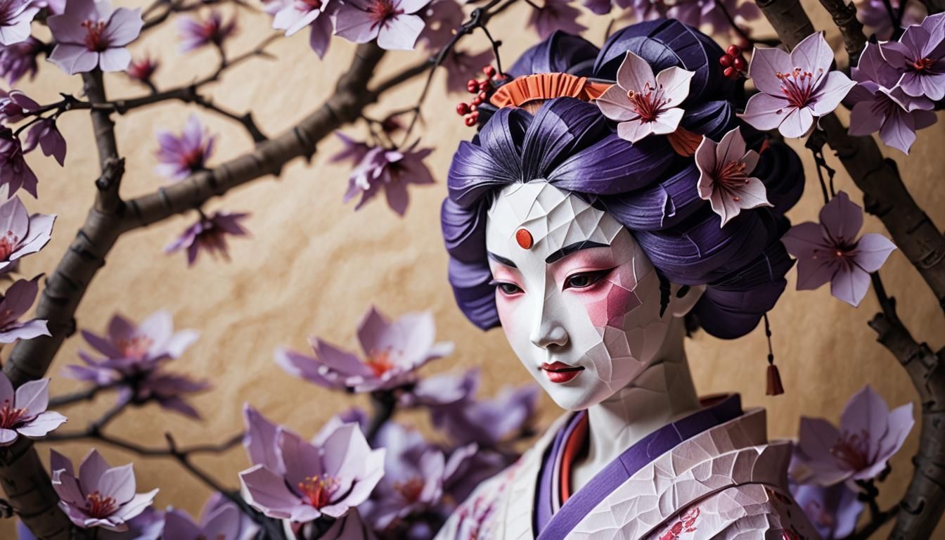 Traditional Japanese Paper Geisha in Sakura Bloom