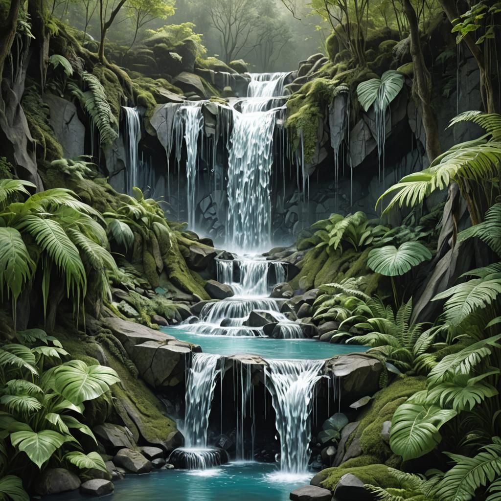 Detailed Matte Painting of Glass Waterfall Sculpture
