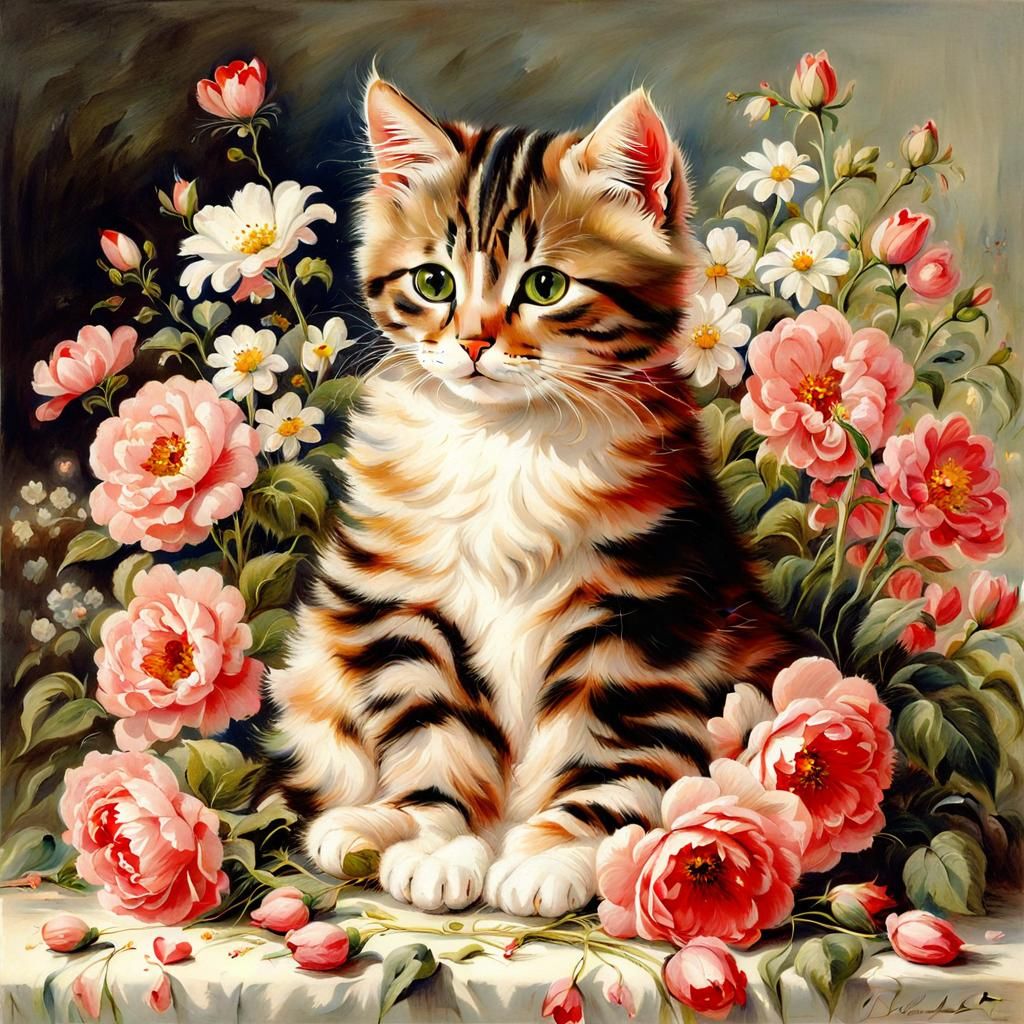 Cat on Pillow with Flowers, Roberts Style
