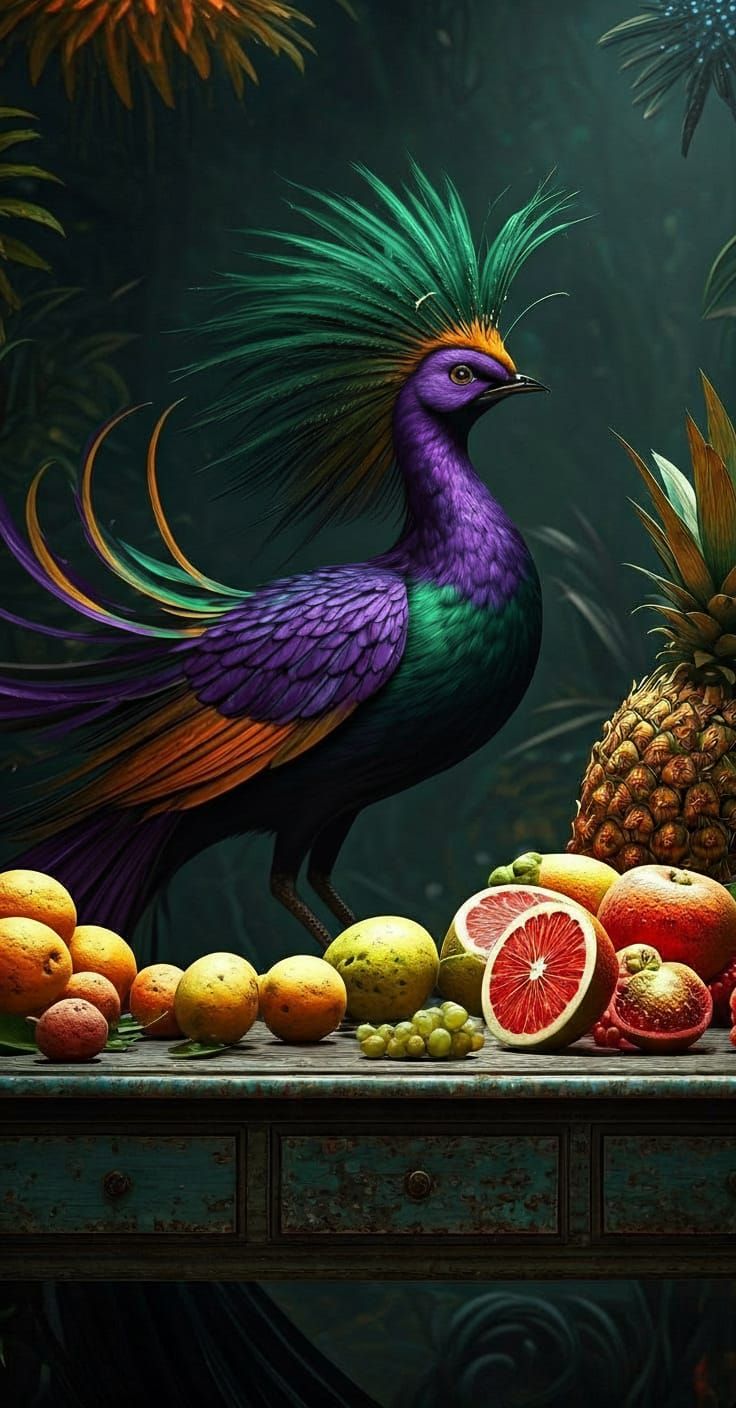 Iridescent Bird of Paradise in Prehistoric Landscape