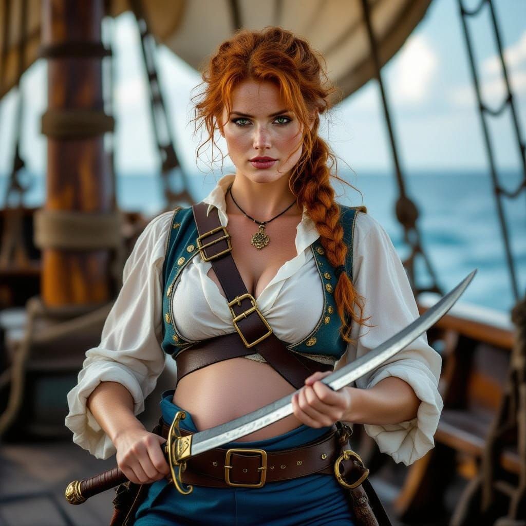 Female Pirate Slashes with Cutlass in Cinematic Film Still