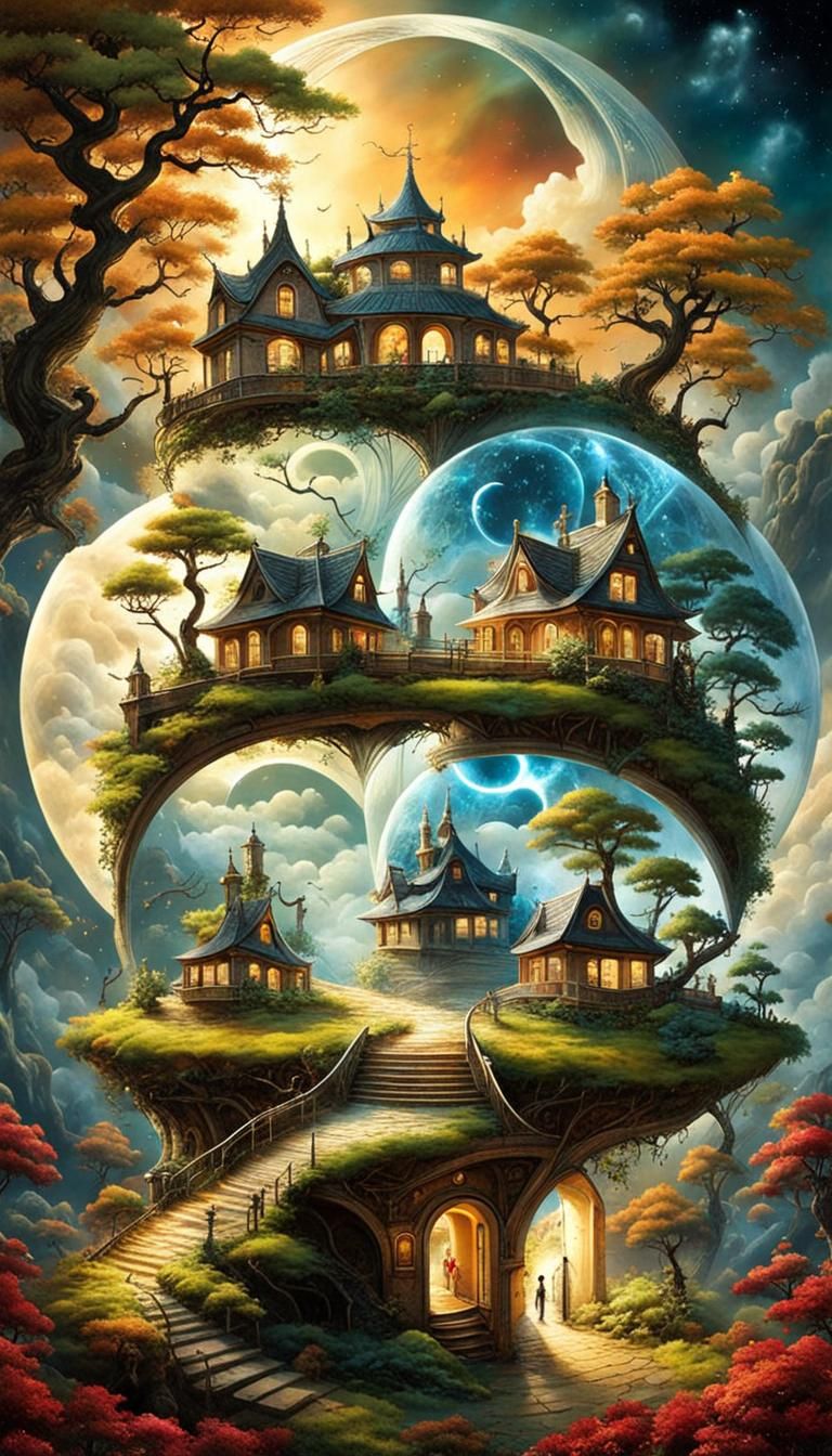 Surreal Stargate Dreamscape with Bonsai and Cottages