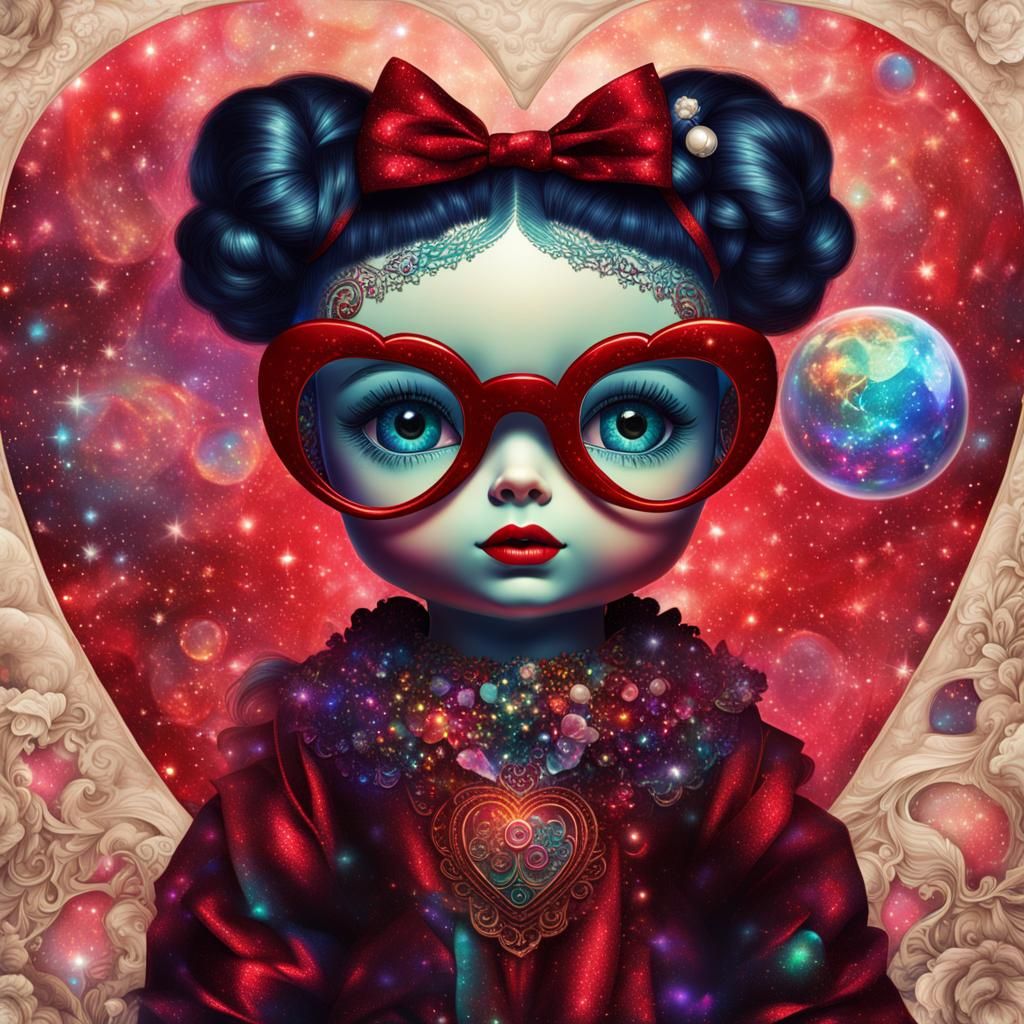 Vintage Doll with Heart Glasses in Mixed Media