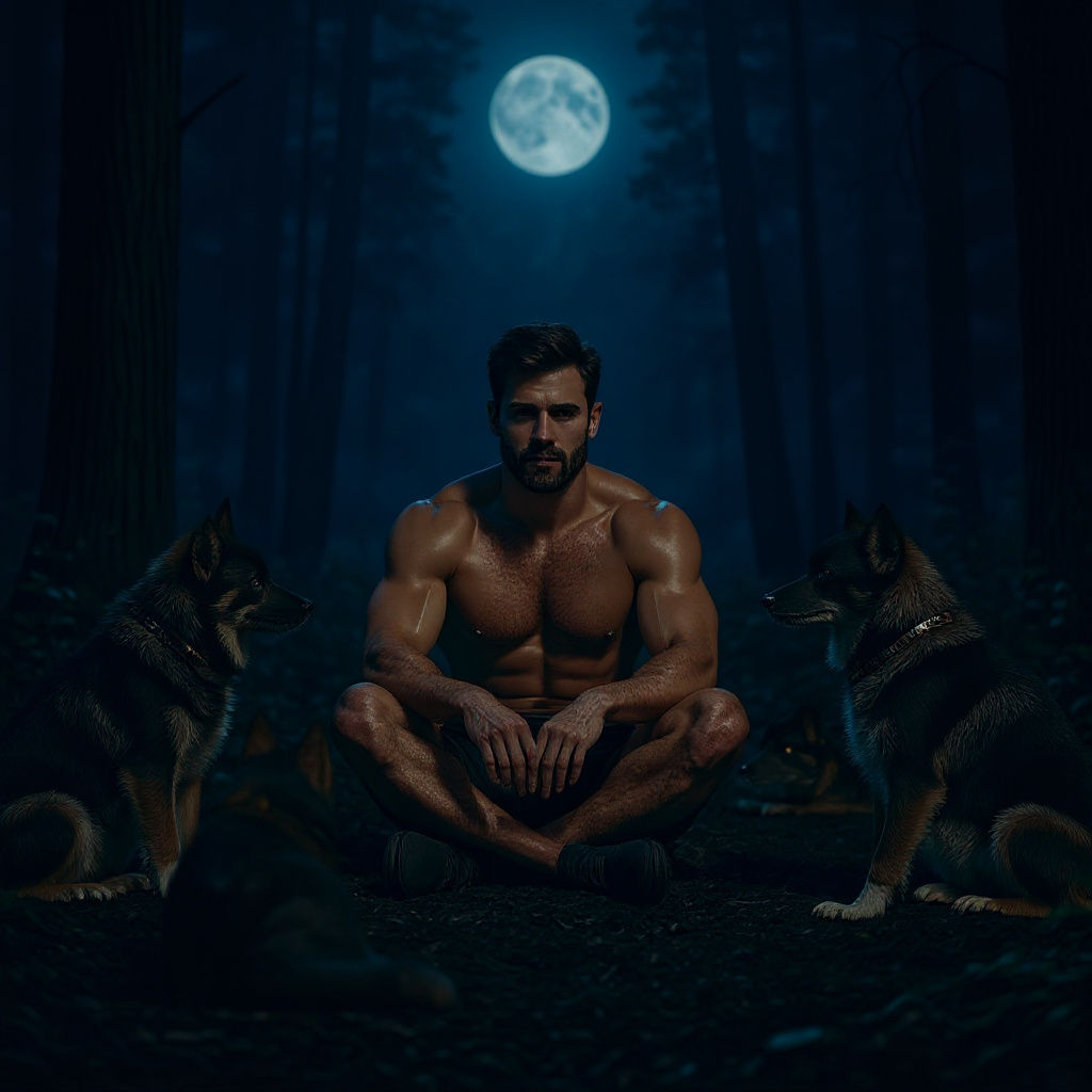 Man and Wild Dogs in Forest: Cinematic Film Still