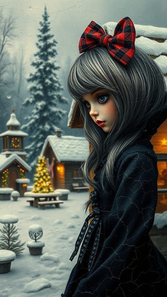 Burbonesque Winter Cabin Scene with Gothic Doll