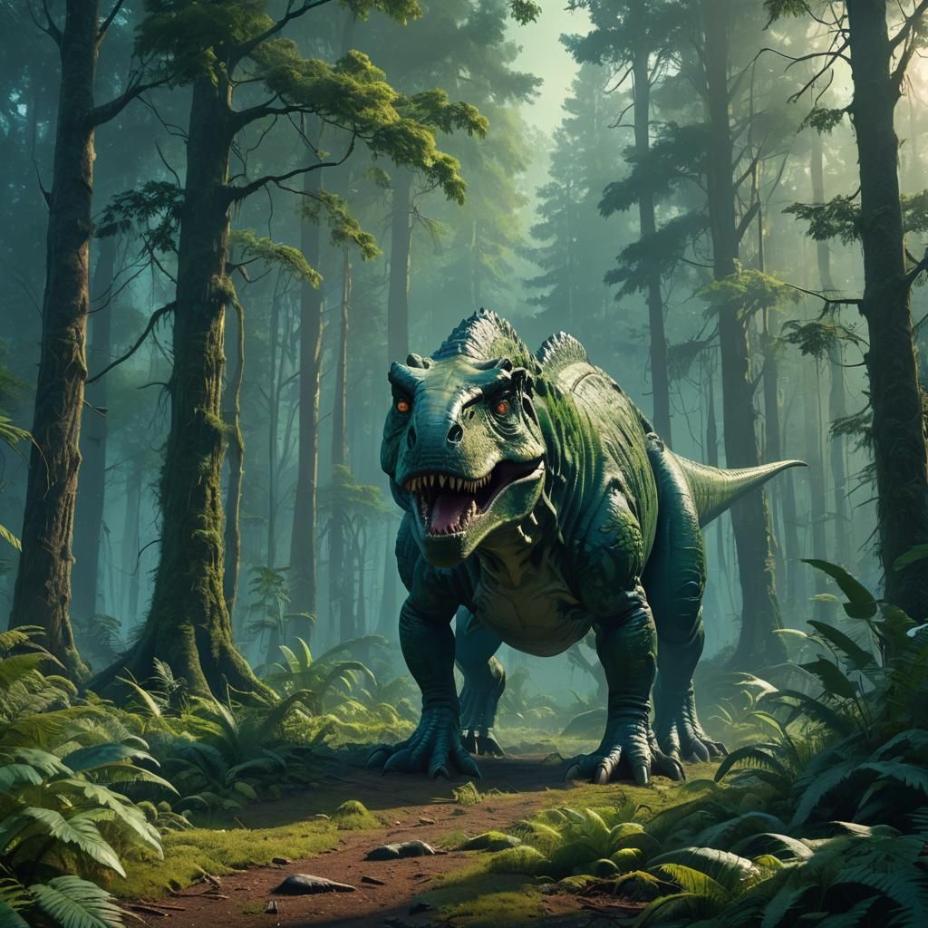 T-Rex in Mystical Forest, Digital Matte Painting