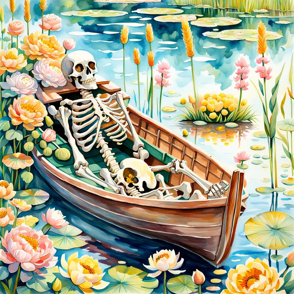 Skeleton's Serene Voyage on Floral Boat
