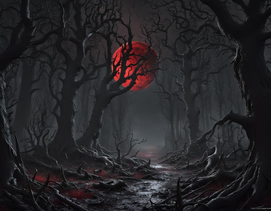 Ominous Red Moon Over Dark Withering Forest