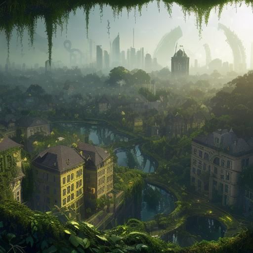 Overgrown City: Vines and Moss in Cubist Style