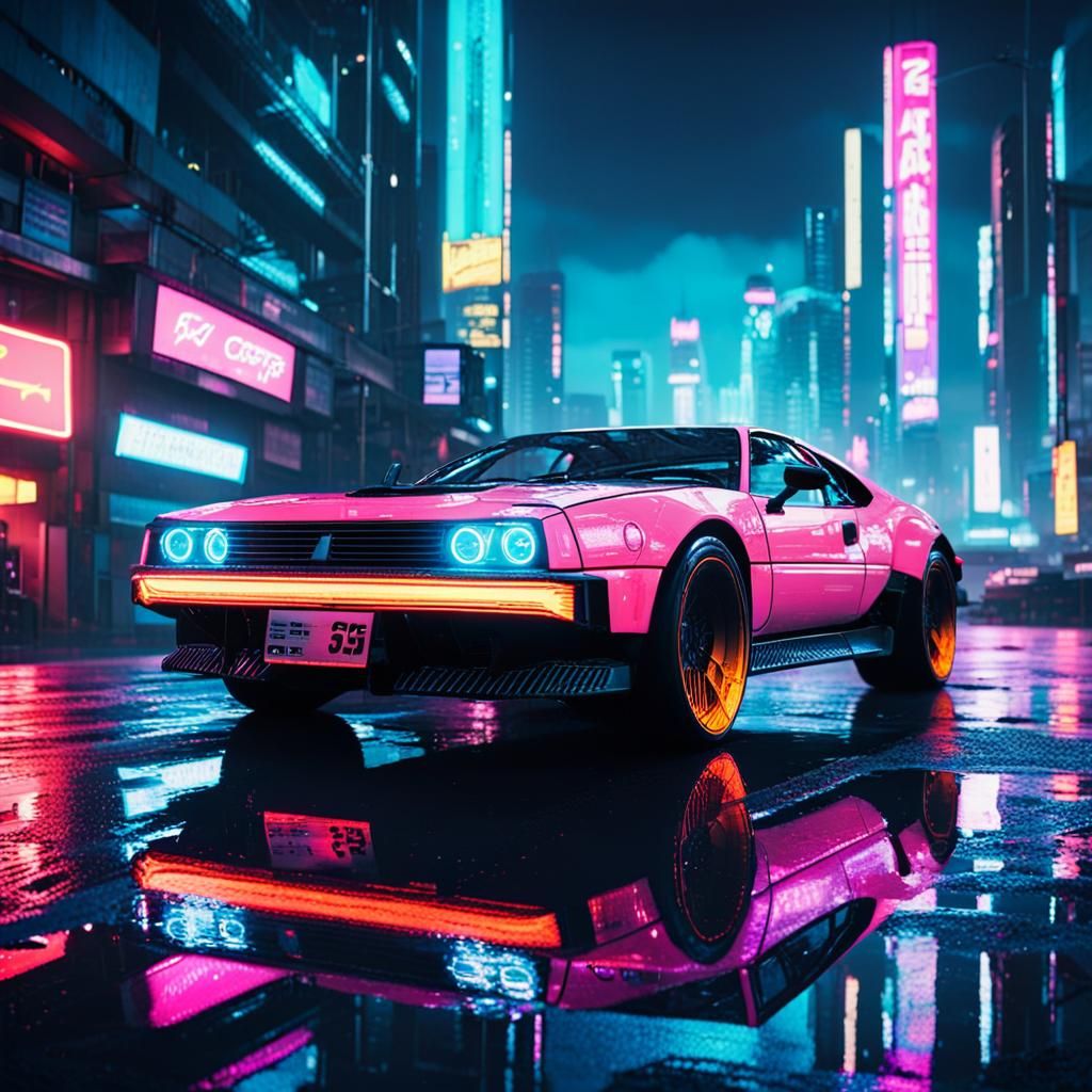Futuristic Sports Car in Cyberpunk Cityscape