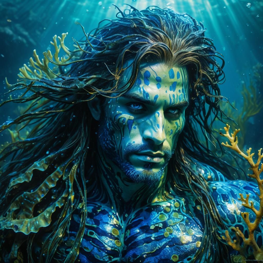 Seductive Blue Merman King in Dark Fantasy Art