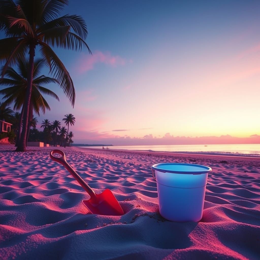 Synthwave Beach Scene with Bucket and Spade