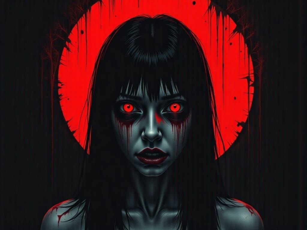Demonic Woman with Bleeding Halo in Junji Ito Style