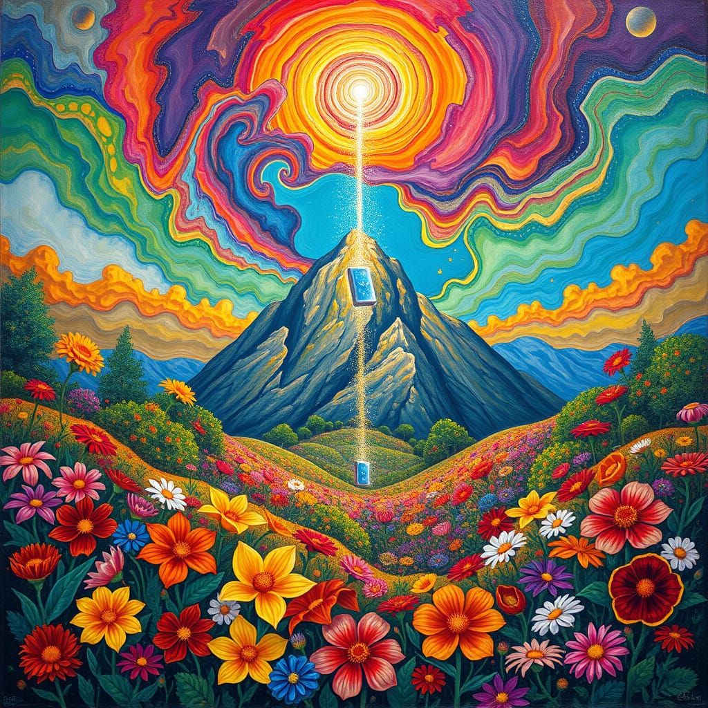 Mount Sinai with Blooming Flowers, in Chagall Style