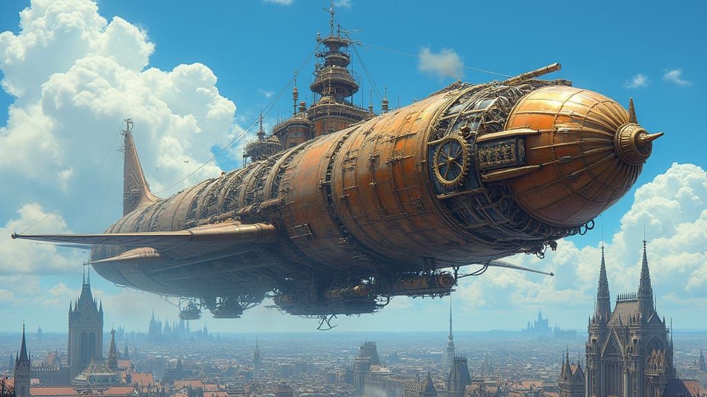Majestic Clockwork Airship Dominates Steam Punk Metropolis