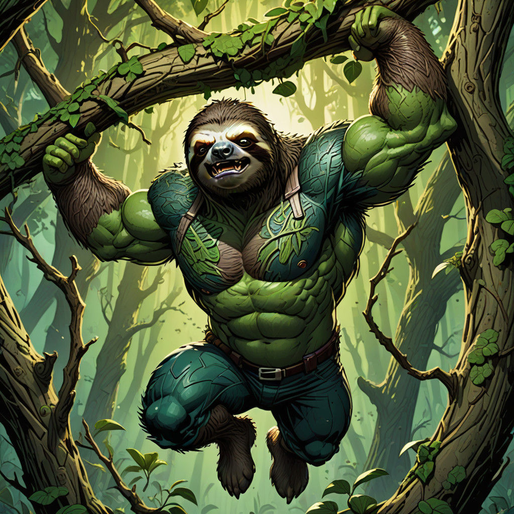 Slow-Paced Superhero: Green Skinned Hulk-Inspired Sloth